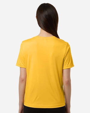 CORE365 CE10W Women's Capital Performance T-Shirt, model back view - Campus Gold