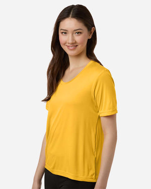 CORE365 CE10W Women's Capital Performance T-Shirt, model side view - Campus Gold