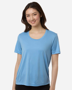 CORE365 CE10W Women's Capital Performance T-Shirt, model front view - Columbia Blue