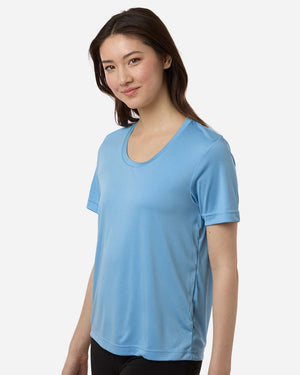 CORE365 CE10W Women's Capital Performance T-Shirt, model side view - Columbia Blue