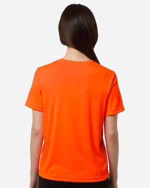 CORE365 CE10W Women's Capital Performance T-Shirt, model back view - Safety Orange
