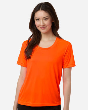 CORE365 CE10W Women's Capital Performance T-Shirt, model front view - Safety Orange