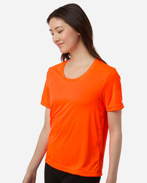 CORE365 CE10W Women's Capital Performance T-Shirt, model side view - Safety Orange