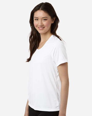 CORE365 CE10W Women's Capital Performance T-Shirt, model side view - White