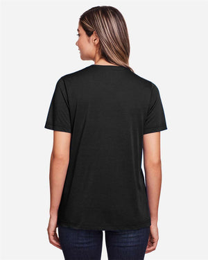 CORE365 CE111W Women's Fusion ChromaSoft™ Performance T-Shirt, model back view - Black
