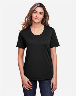 CORE365 CE111W Women's Fusion ChromaSoft™ Performance T-Shirt, model front view - Black