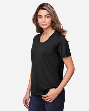 CORE365 CE111W Women's Fusion ChromaSoft™ Performance T-Shirt, model side view - Black
