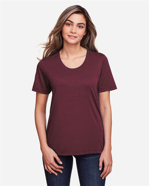 CORE365 CE111W Women's Fusion ChromaSoft™ Performance T-Shirt, model front view - Burgundy