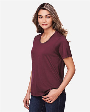 CORE365 CE111W Women's Fusion ChromaSoft™ Performance T-Shirt, model side view - Burgundy