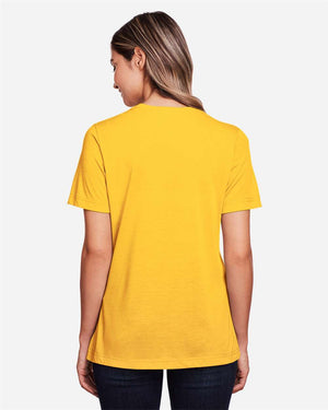 CORE365 CE111W Women's Fusion ChromaSoft™ Performance T-Shirt, model back view - Campus Gold