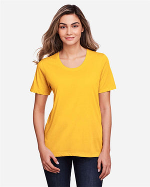 CORE365 CE111W Women's Fusion ChromaSoft™ Performance T-Shirt, model front view - Campus Gold