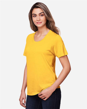 CORE365 CE111W Women's Fusion ChromaSoft™ Performance T-Shirt, model side view - Campus Gold
