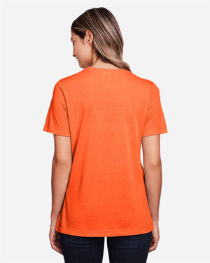 CORE365 CE111W Women's Fusion ChromaSoft™ Performance T-Shirt, model back view - Campus Orange