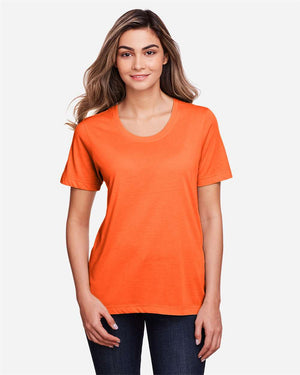 CORE365 CE111W Women's Fusion ChromaSoft™ Performance T-Shirt, model front view - Campus Orange