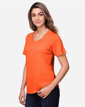 CORE365 CE111W Women's Fusion ChromaSoft™ Performance T-Shirt, model side view - Campus Orange