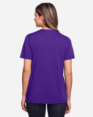 CORE365 CE111W Women's Fusion ChromaSoft™ Performance T-Shirt, model back view - Campus Purple