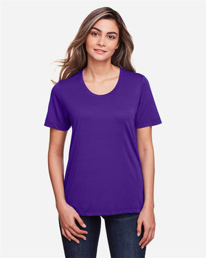 CORE365 CE111W Women's Fusion ChromaSoft™ Performance T-Shirt, model front view - Campus Purple