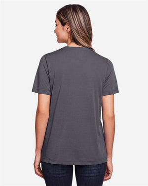 CORE365 CE111W Women's Fusion ChromaSoft™ Performance T-Shirt, model back view - Carbon