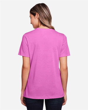 CORE365 CE111W Women's Fusion ChromaSoft™ Performance T-Shirt, model back view - Charity Pink
