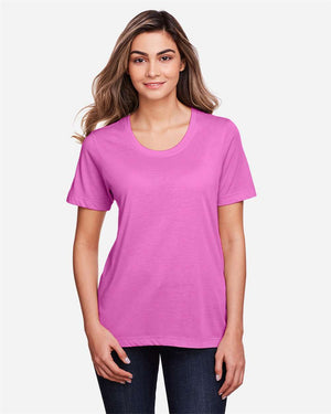 CORE365 CE111W Women's Fusion ChromaSoft™ Performance T-Shirt, model front view - Charity Pink