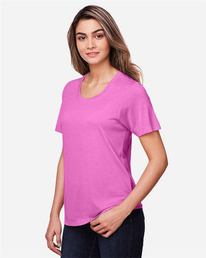 CORE365 CE111W Women's Fusion ChromaSoft™ Performance T-Shirt, model side view - Charity Pink