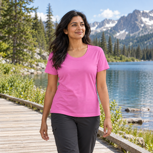 CORE365 CE111W Women's Fusion ChromaSoft™ Performance T-Shirt, mountain lifestyle photo 1 - Charity Pink