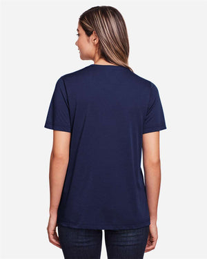 CORE365 CE111W Women's Fusion ChromaSoft™ Performance T-Shirt, model back view - Classic Navy