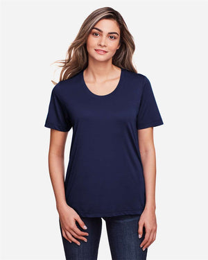 CORE365 CE111W Women's Fusion ChromaSoft™ Performance T-Shirt, model front view - Classic Navy