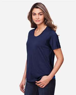 CORE365 CE111W Women's Fusion ChromaSoft™ Performance T-Shirt, model side view - Classic Navy