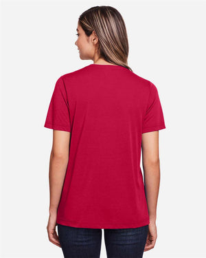 CORE365 CE111W Women's Fusion ChromaSoft™ Performance T-Shirt, model back view - Classic Red