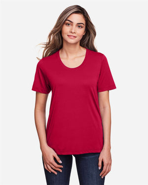 CORE365 CE111W Women's Fusion ChromaSoft™ Performance T-Shirt, model front view - Classic Red