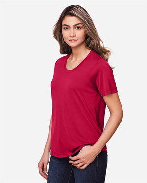 CORE365 CE111W Women's Fusion ChromaSoft™ Performance T-Shirt, model side view - Classic Red