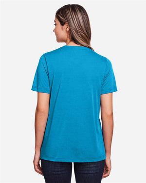 CORE365 CE111W Women's Fusion ChromaSoft™ Performance T-Shirt, model back view - Electric Blue