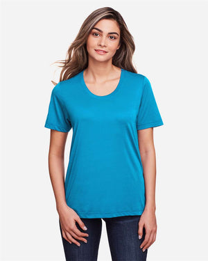 CORE365 CE111W Women's Fusion ChromaSoft™ Performance T-Shirt, model front view - Electric Blue