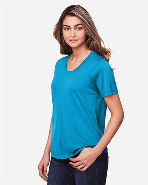 CORE365 CE111W Women's Fusion ChromaSoft™ Performance T-Shirt, model side view - Electric Blue