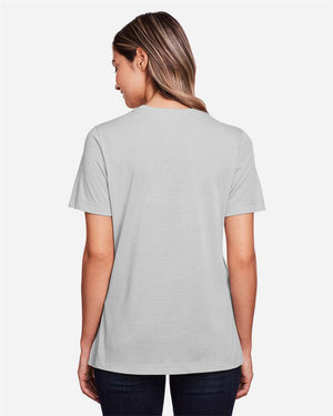 CORE365 CE111W Women's Fusion ChromaSoft™ Performance T-Shirt, model back view - Platinum