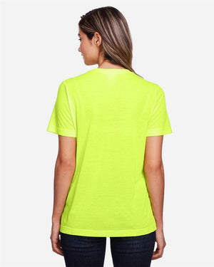 CORE365 CE111W Women's Fusion ChromaSoft™ Performance T-Shirt, model back view - Safety Yellow