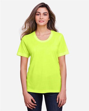 CORE365 CE111W Women's Fusion ChromaSoft™ Performance T-Shirt, model front view - Safety Yellow