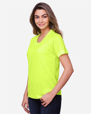 CORE365 CE111W Women's Fusion ChromaSoft™ Performance T-Shirt, model side view - Safety Yellow