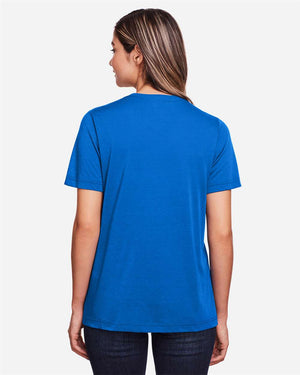 CORE365 CE111W Women's Fusion ChromaSoft™ Performance T-Shirt, model back view - True Royal