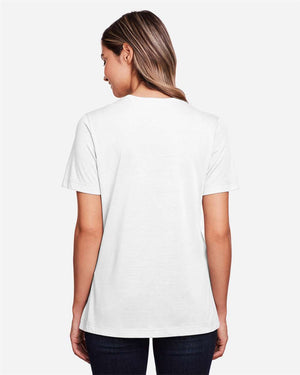 CORE365 CE111W Women's Fusion ChromaSoft™ Performance T-Shirt, model back view - White