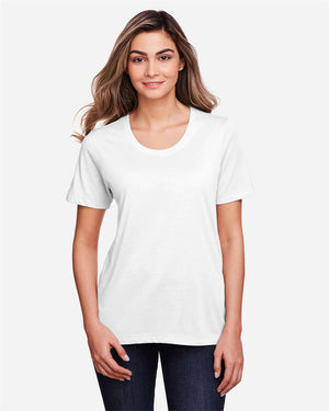 CORE365 CE111W Women's Fusion ChromaSoft™ Performance T-Shirt, model front view - White