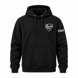 CSW 24/7 L00550 Cedarcrest Elementary Staff black pullover hoodie with white chest crest and STAFF sleeve