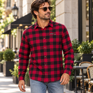 Columbia 161795 Men's Cornell Woods™ Flannel Shirt in Mountain Red Buffalo Check — square lifestyle photo matched to the actual garment