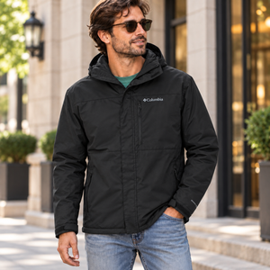 Columbia 208959 Men's Tipton Peak™ III Insulated Hooded Jacket in Black — square lifestyle photo matched to the actual garment