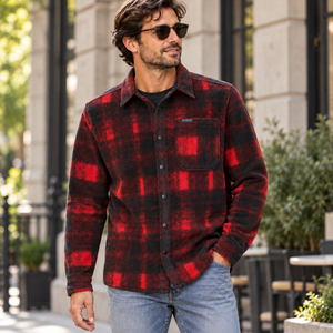 Columbia 209769 Men's Steens Mountain™ Printed Shirt Jacket II in Sail Red Omblur — square lifestyle photo matched to the actual garment
