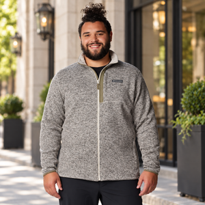 Columbia 209773 Men's Sweater Weather™ Full-Zip Jacket in Dark Stone Heather — square lifestyle photo matched to the actual garment