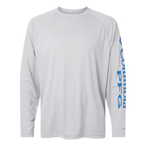Columbia 212472 Men's PFG Terminal Tackle™ Long Sleeve T-Shirt in Cool Grey/ Vivid Blue — genuine manufacturer product photograph, square format
