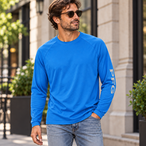 Columbia 212472 Men's PFG Terminal Tackle™ Long Sleeve T-Shirt in Vivid Blue/ Cool Grey — square lifestyle photo matched to the actual garment