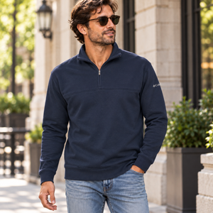 Columbia 212475 Men's Hart Mountain™ II Half-Zip Pullover in Collegiate Navy — square lifestyle photo matched to the actual garment